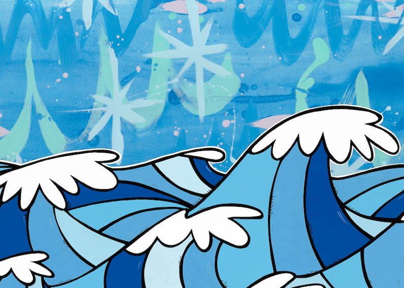 Layered blue wave design in a graphic, sculptural style — aluminum reproduction by Maui artist Welzie