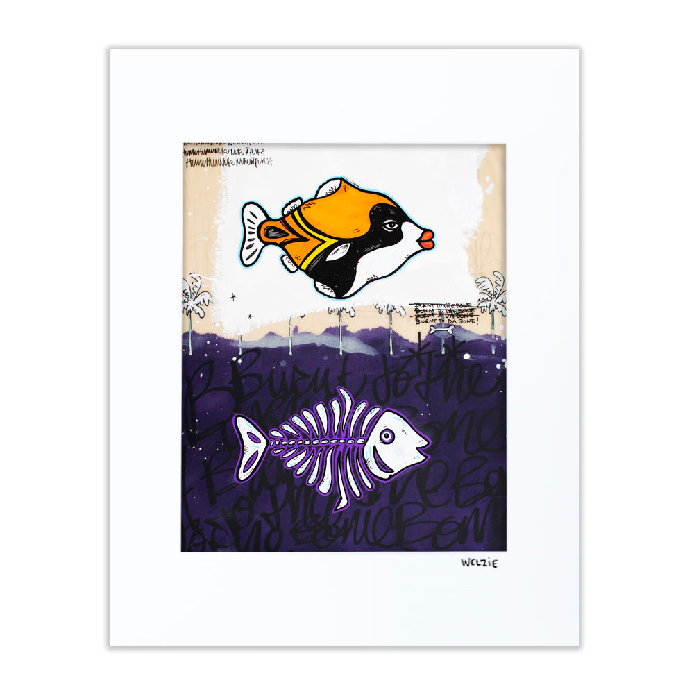 Fish skeleton alongside a colorful fish against a dark purple background — matted fine art print by Maui artist Welzie