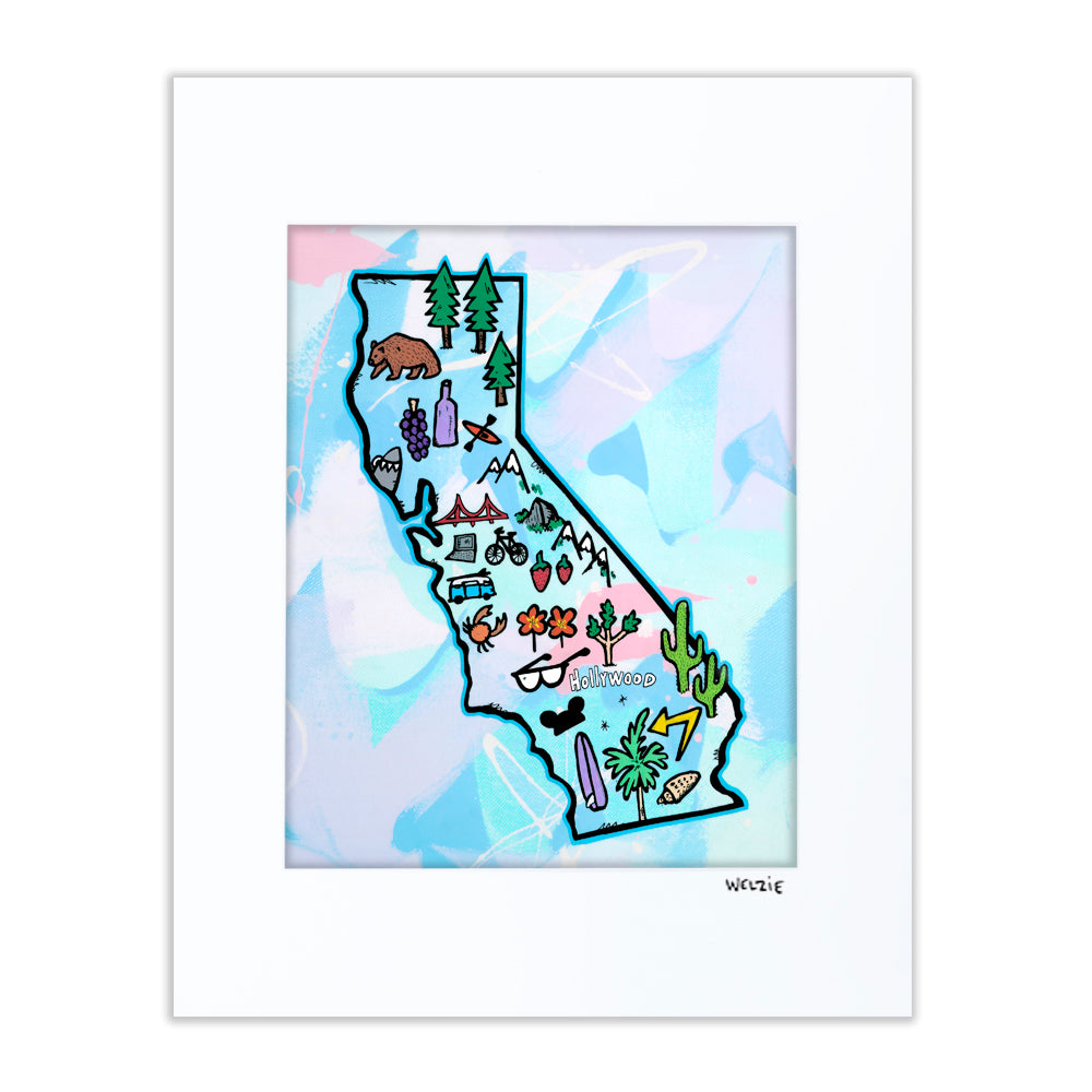 California state outline filled with travel icons like a bear, trees, and a road trip van — matted fine art print by Maui artist Welzie