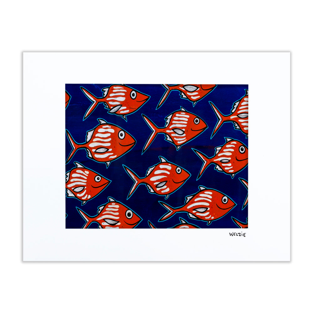 Repeating pattern of red fish on a deep navy background — matted fine art print by Maui artist Welzie