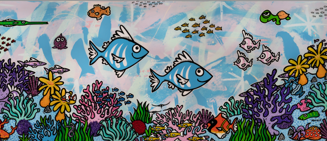 Wide underwater reef scene with fish swimming among colorful coral — aluminum reproduction by Maui artist Welzie