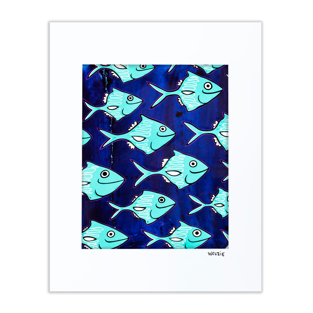 Repeating pattern of aqua fish on a deep navy background — matted fine art print by Maui artist Welzie