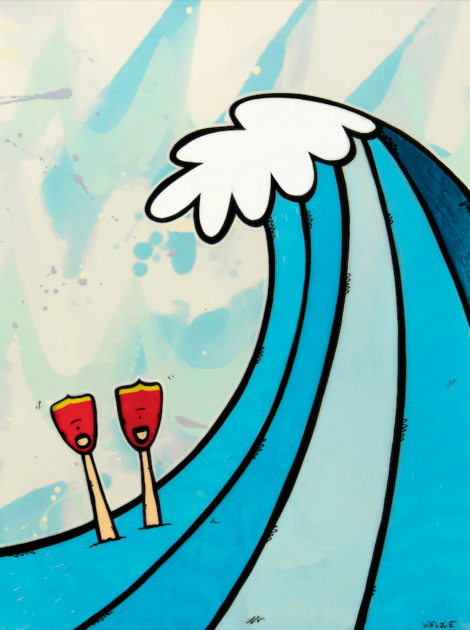 Graphic blue wave with a pair of surfboard paddles — aluminum reproduction by Maui artist Welzie