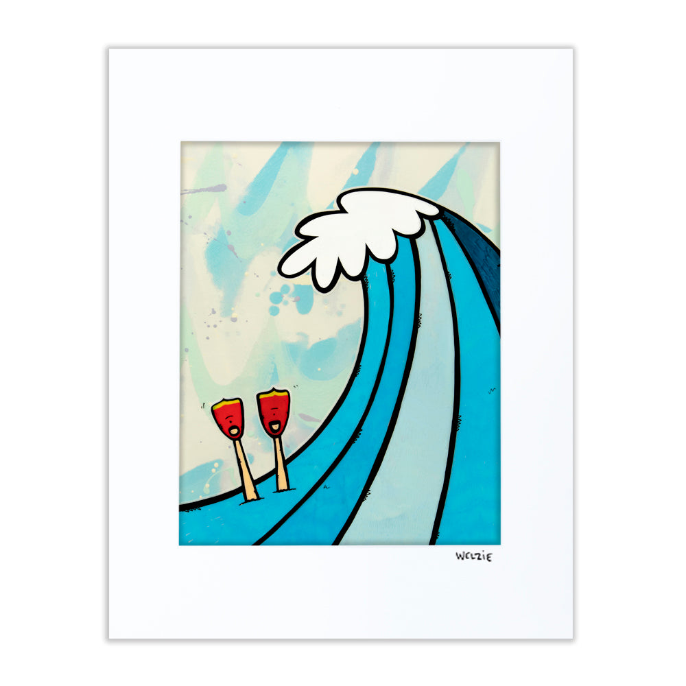 Graphic blue wave with a pair of surfboard paddles — matted fine art print by Maui artist Welzie