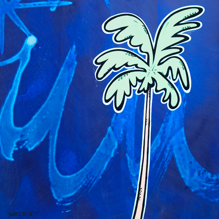 Single palm tree against a swirling blue abstract background — aluminum reproduction by Maui artist Welzie