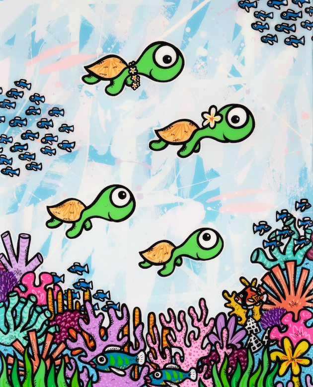 Small fish and turtles swimming among a colorful coral reef — aluminum reproduction by Maui artist Welzie