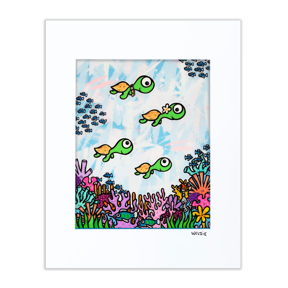 Small fish and turtles swimming among a colorful coral reef — matted fine art print by Maui artist Welzie