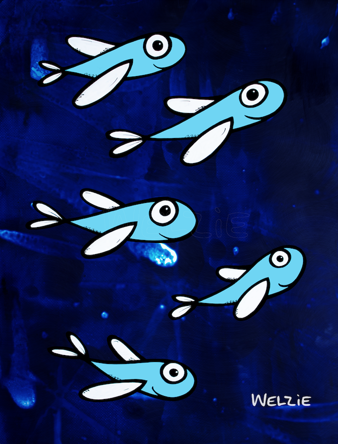 Blue flying fish figures against a dark navy background — aluminum reproduction by Maui artist Welzie