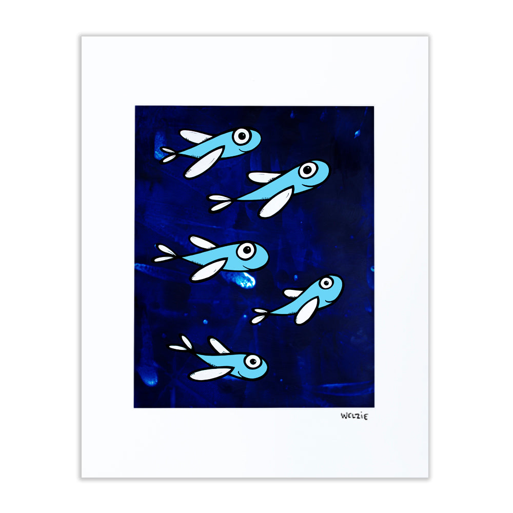 Blue flying fish figures against a dark navy background — matted fine art print by Maui artist Welzie