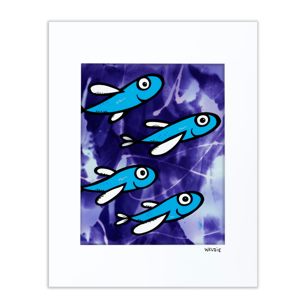 Blue flying fish figures set against a purple background — matted fine art print by Maui artist Welzie