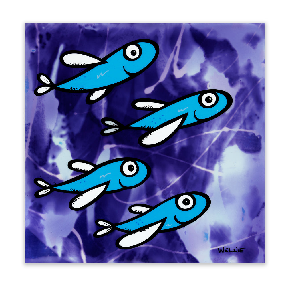 A square art print featuring four cartoon blue fish with white fins and large white eyes, set against a purple and blue abstract watercolor background. The artist's signature 'WELZIE' is visible in the bottom right corner.