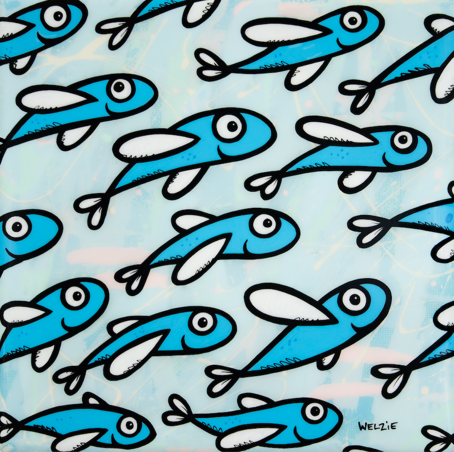 Repeating pattern of blue fish swimming in formation — aluminum reproduction by Maui artist Welzie