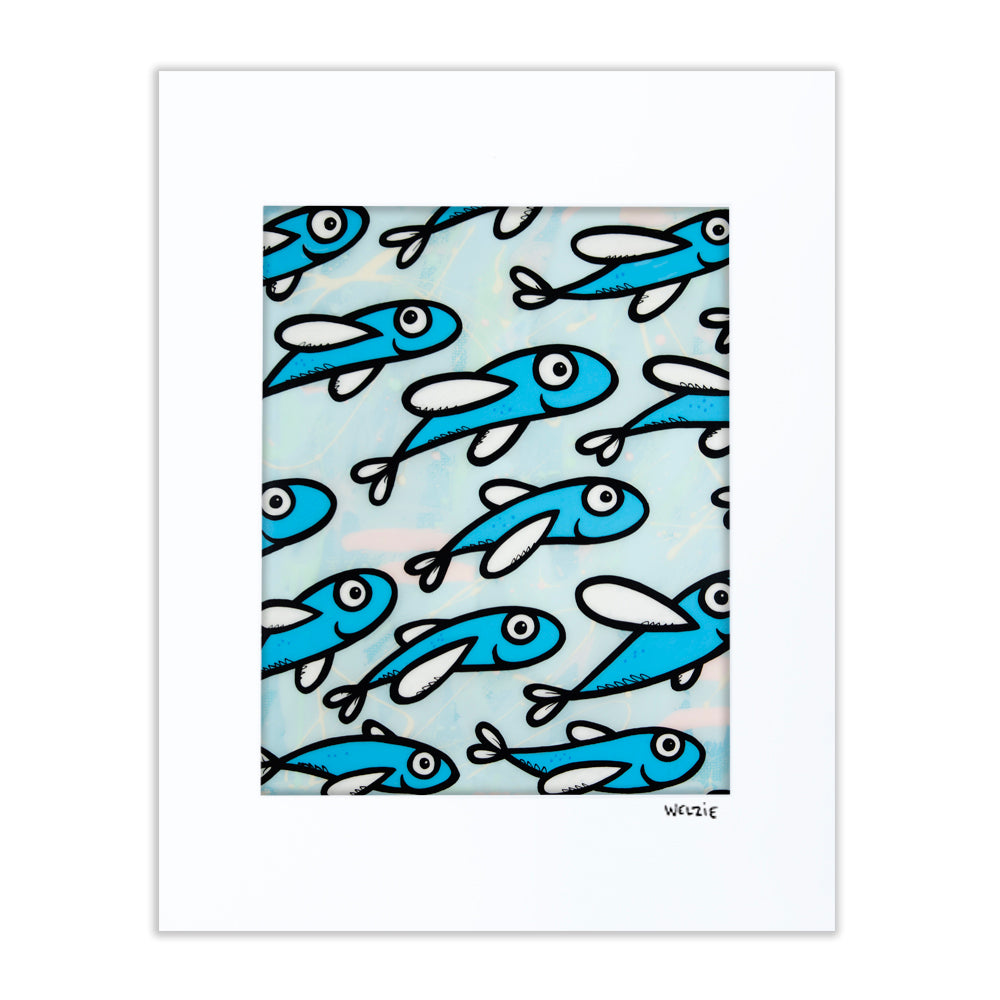 Repeating pattern of blue fish swimming in formation — matted fine art print by Maui artist Welzie