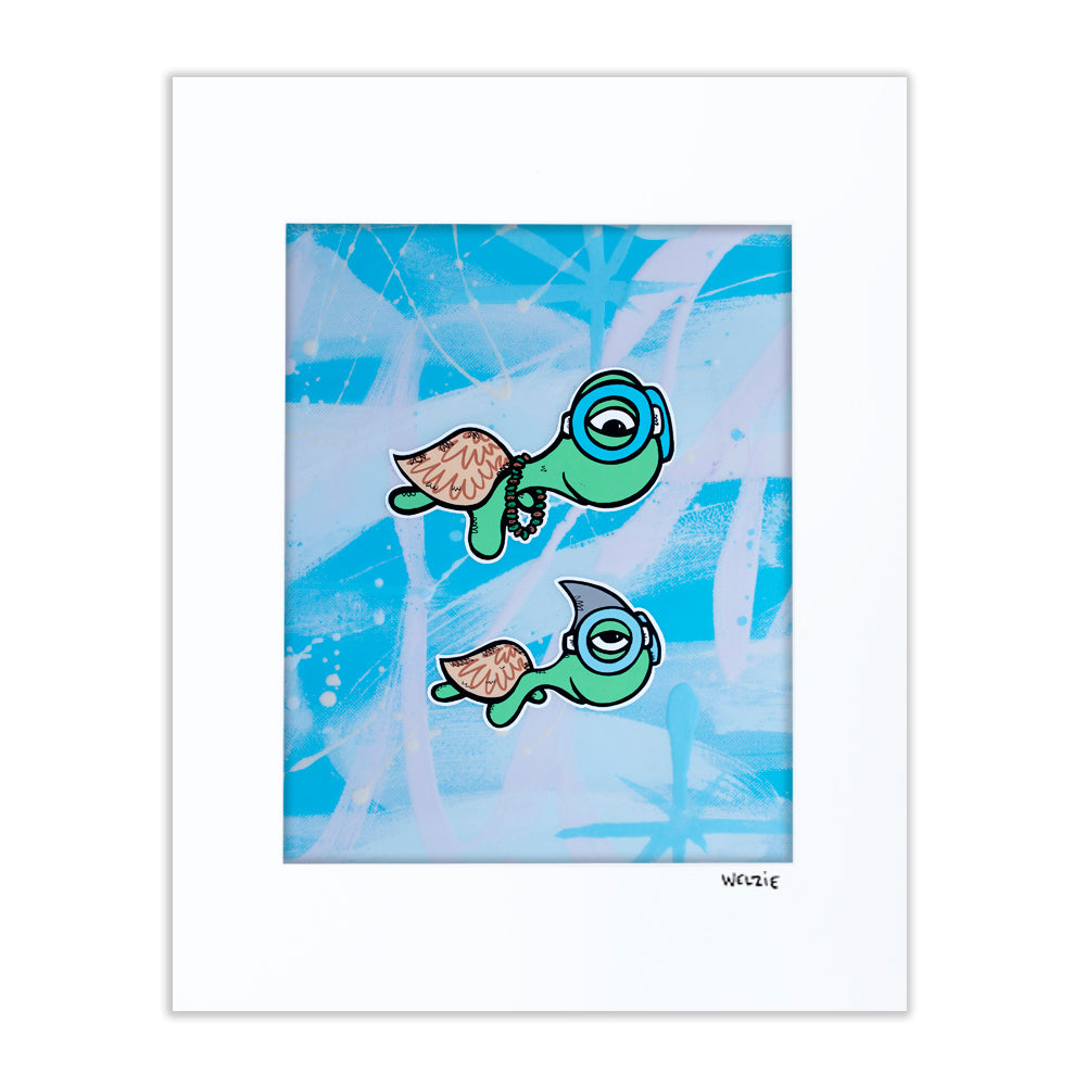 Two green turtle characters wearing snorkel masks — matted fine art print by Maui artist Welzie