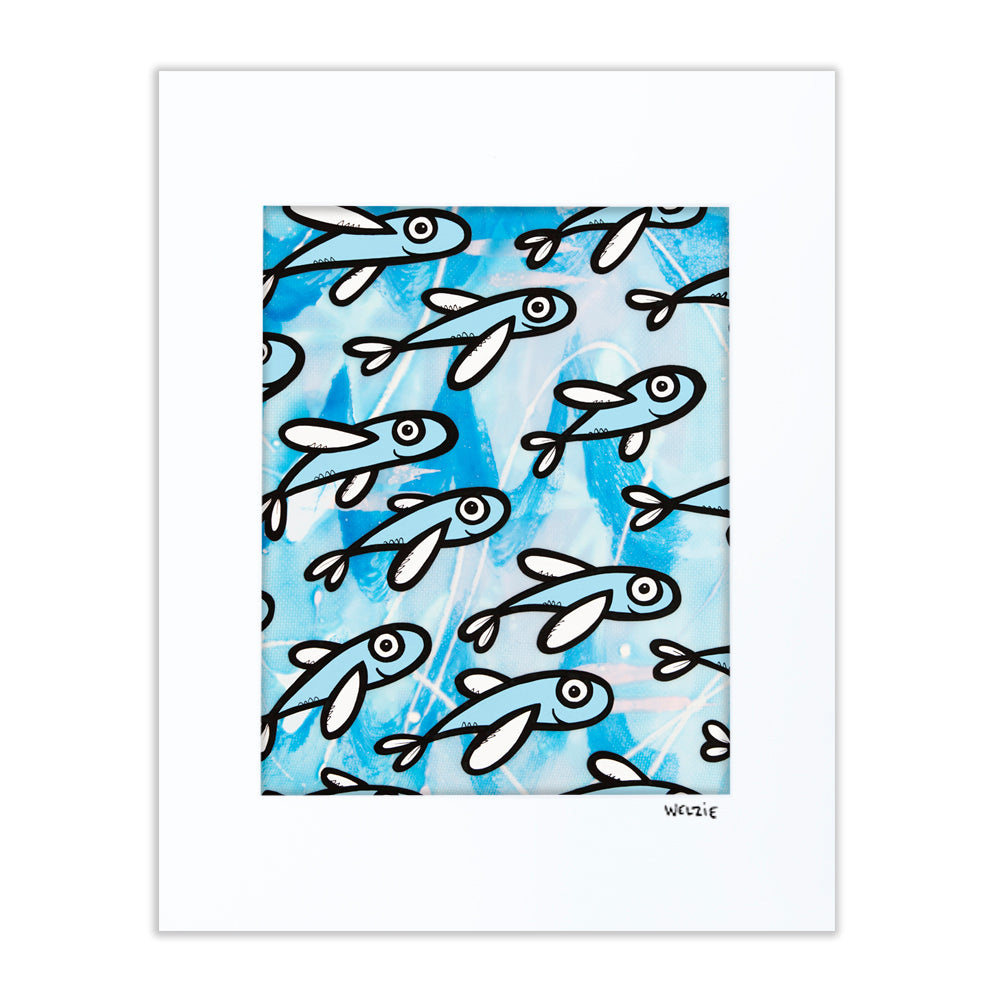 Repeating pattern of blue and white fish swimming together — matted fine art print by Maui artist Welzie