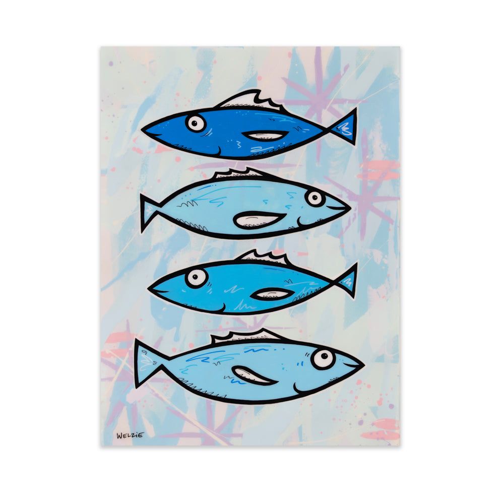 A vertical art print featuring four stylized fish stacked vertically in shades of blue and light blue, set against a light background with abstract splatters in pink and purple. Signed 'NIEL' in the bottom-left corner.