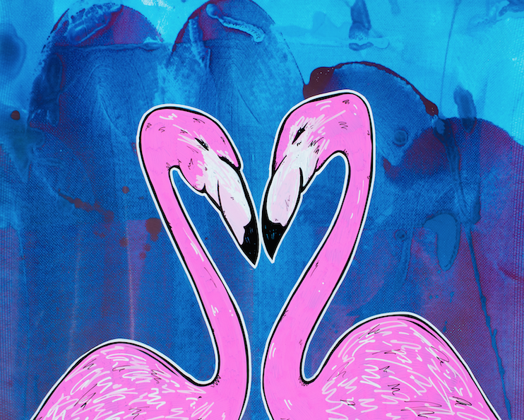 Two pink flamingos facing each other, their necks forming a heart shape — aluminum reproduction by Maui artist Welzie