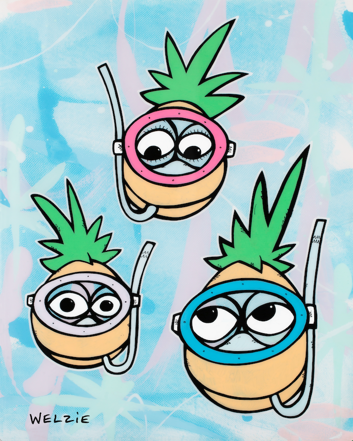 Three pineapple characters wearing snorkel masks — aluminum reproduction by Maui artist Welzie