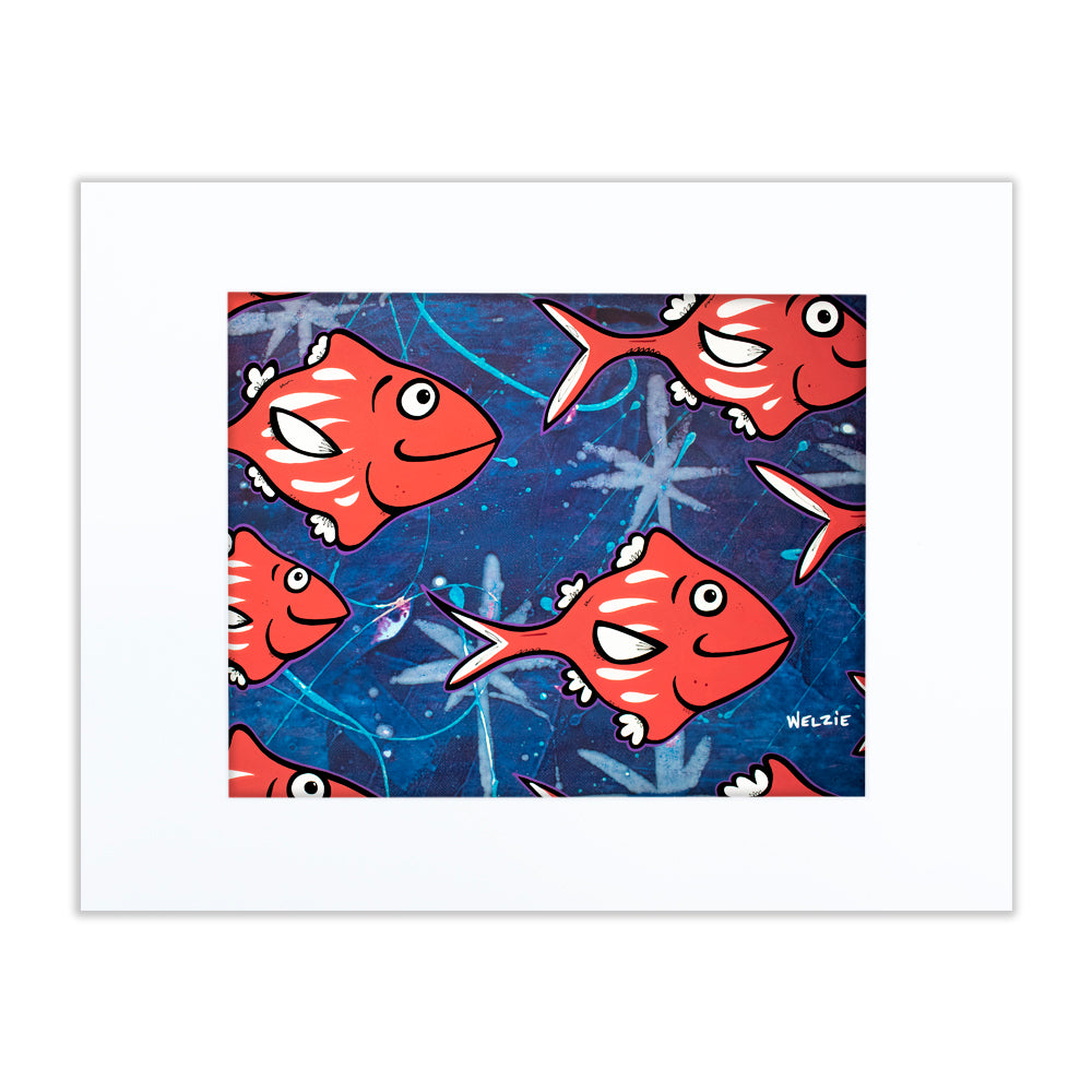 Repeating pattern of red and purple fish on a navy background — matted fine art print by Maui artist Welzie
