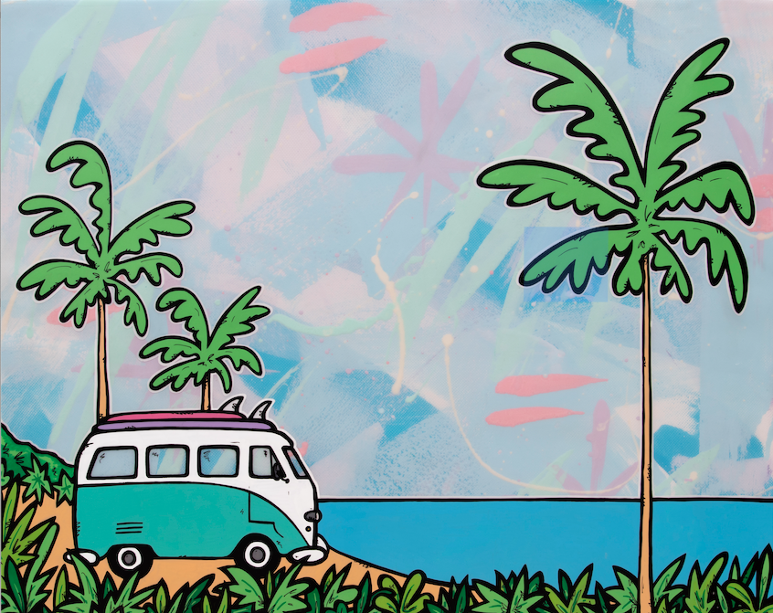 Vintage VW van parked between palm trees on the beach — aluminum reproduction by Maui artist Welzie