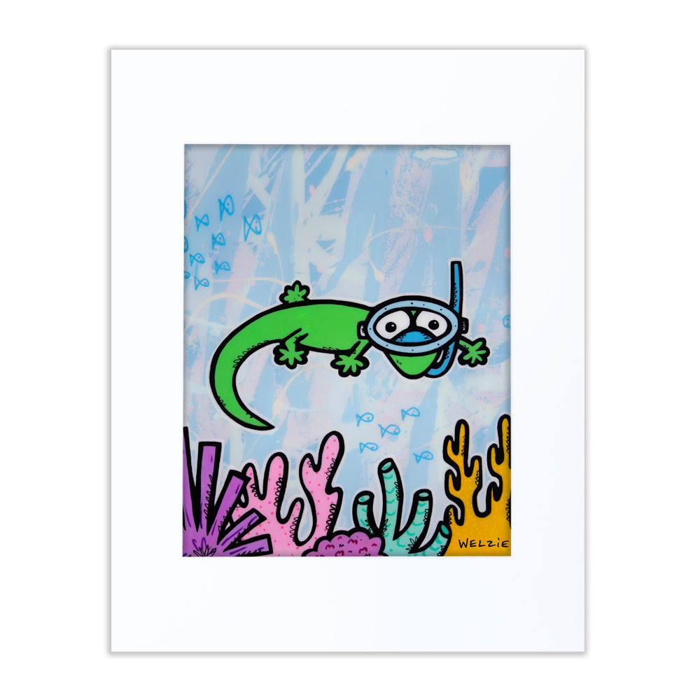 Green gecko wearing a snorkel mask over a colorful coral reef — matted fine art print by Maui artist Welzie