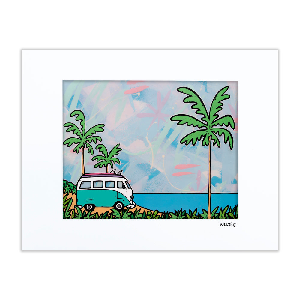 Vintage VW van parked between palm trees on the beach — matted fine art print by Maui artist Welzie