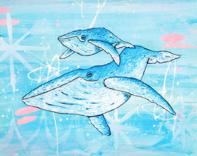 Whale figure swimming alongside a smaller calf in soft blue tones — aluminum reproduction by Maui artist Welzie
