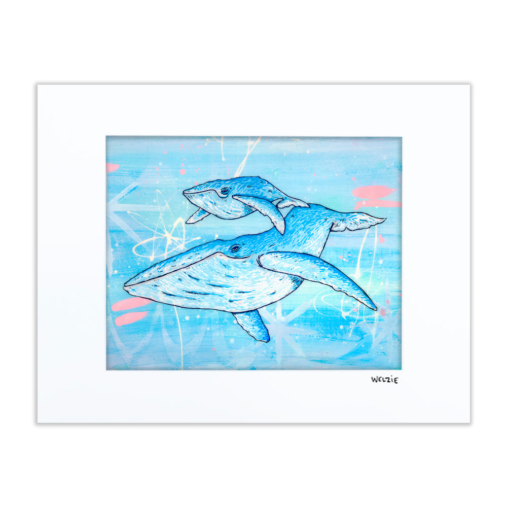 Whale figure swimming alongside a smaller calf in soft blue tones — matted fine art print by Maui artist Welzie