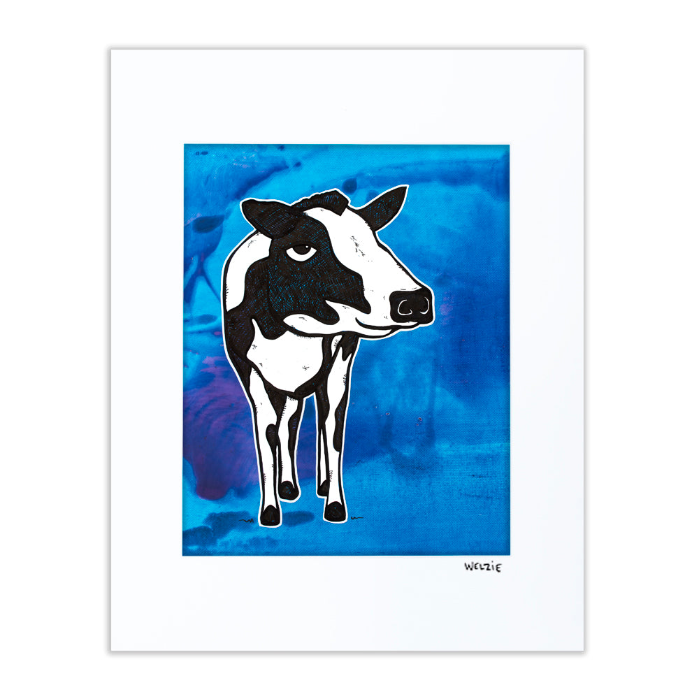 Smiling black and white cow wearing a flower lei — matted fine art print by Maui artist Welzie