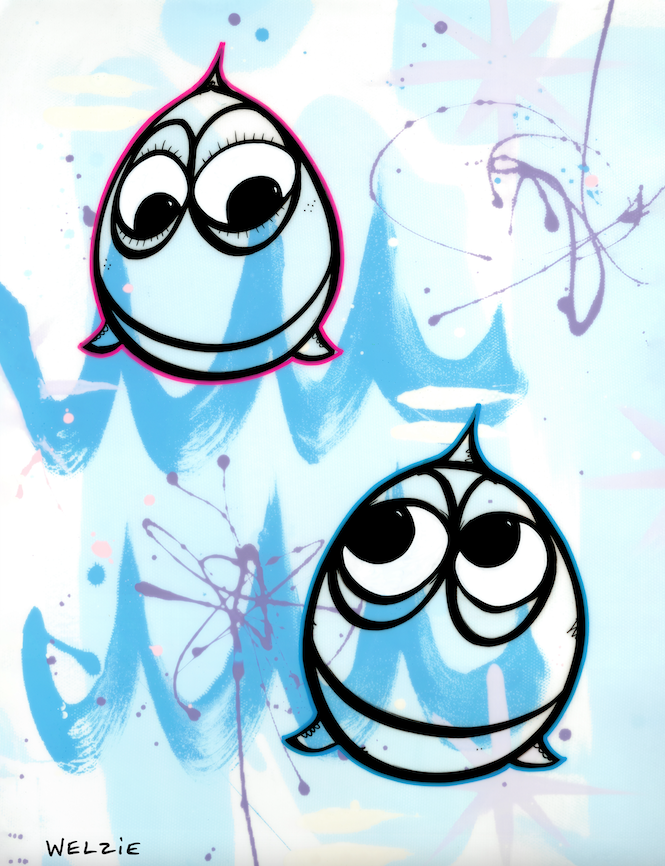 Two round fish characters with big eyes side by side — aluminum reproduction by Maui artist Welzie