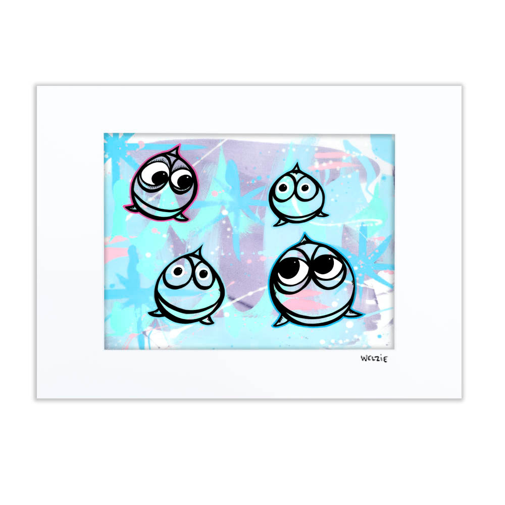 Four round happy-fish characters with expressive eyes — matted fine art print by Maui artist Welzie