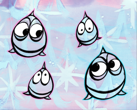 Four round character faces against a soft pastel background — aluminum reproduction by Maui artist Welzie