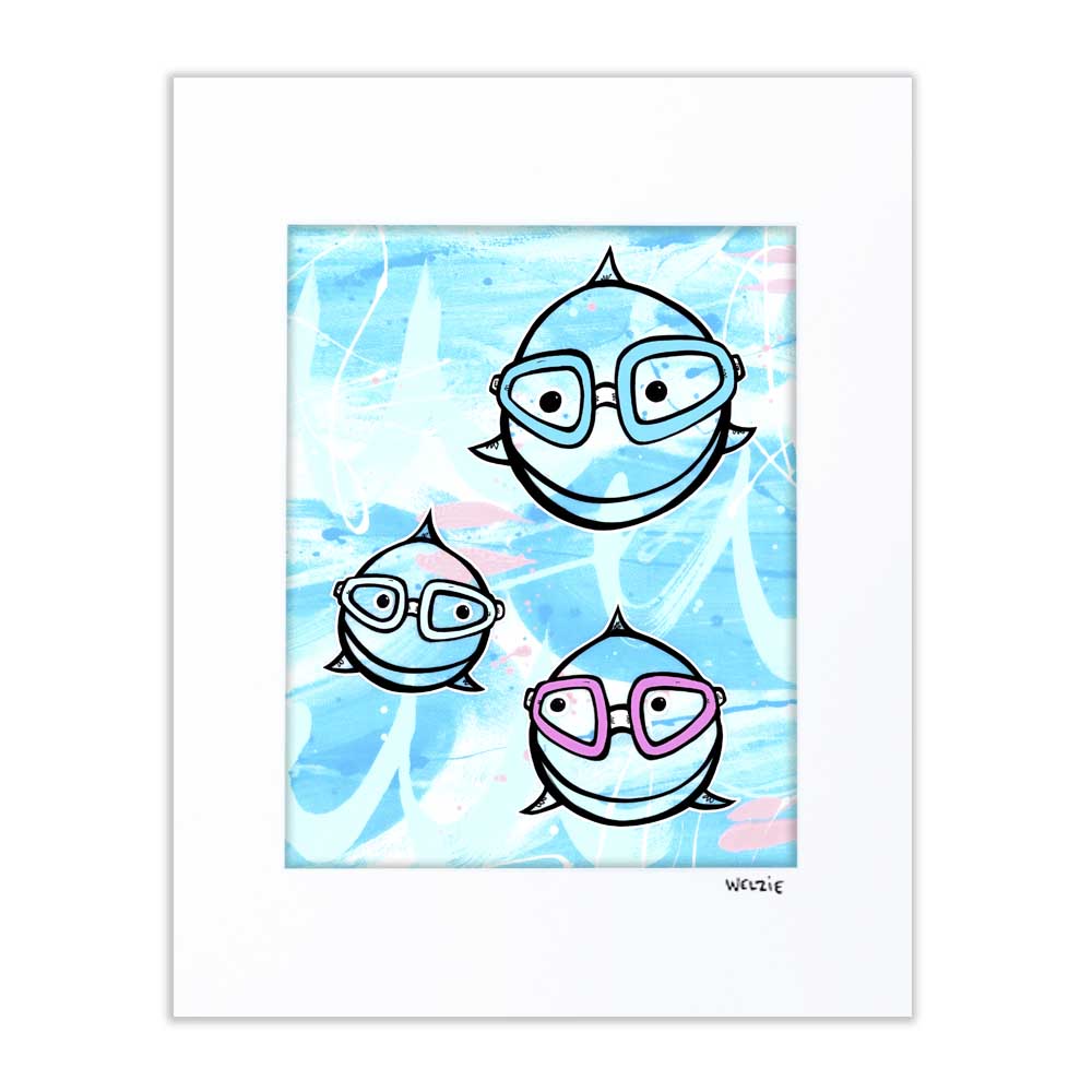 Three round characters wearing blue snorkel goggles — matted fine art print by Maui artist Welzie
