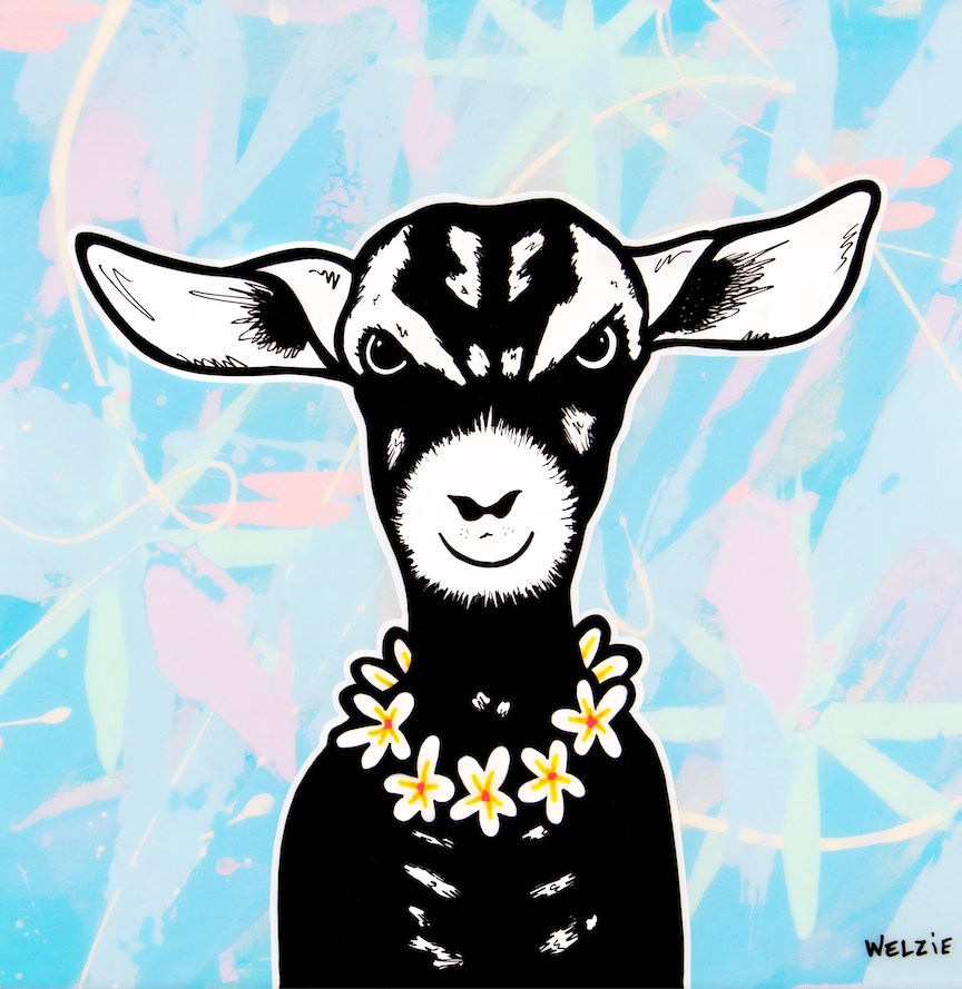 Black and white goat portrait wearing a flower lei — aluminum reproduction by Maui artist Welzie