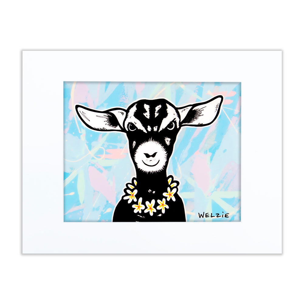 Black and white goat portrait wearing a flower lei — matted fine art print by Maui artist Welzie