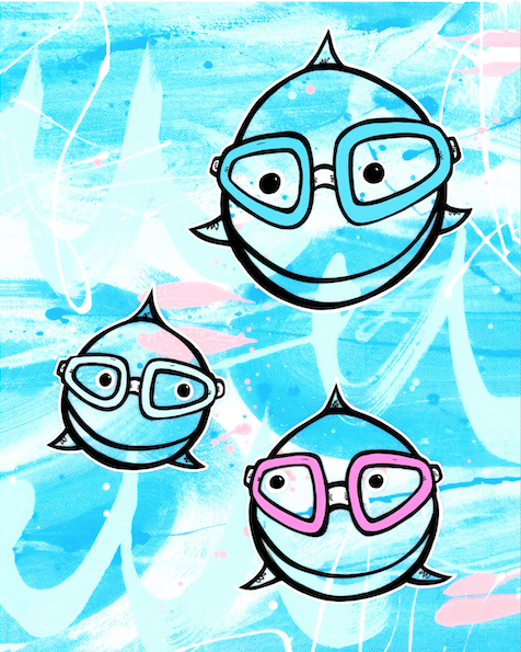 Three round characters wearing blue snorkel goggles — aluminum reproduction by Maui artist Welzie