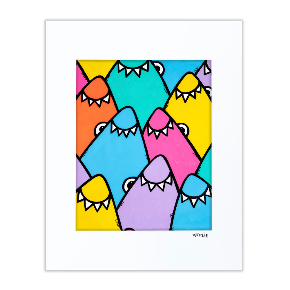 Repeating shark-tooth pattern in orange, teal, pink, purple, and yellow — matted fine art print by Maui artist Welzie
