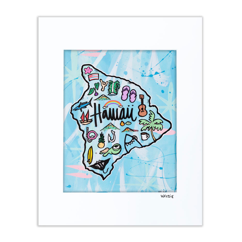 Colorful illustrated map of the Hawaiian Islands with playful icon details — matted fine art print by Maui artist Welzie