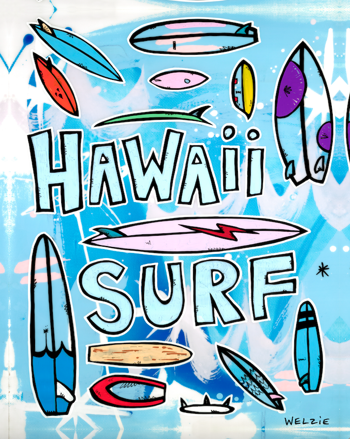 Surfboards illustrated alongside bold "HAWAII SURF" lettering — aluminum reproduction by Maui artist Welzie