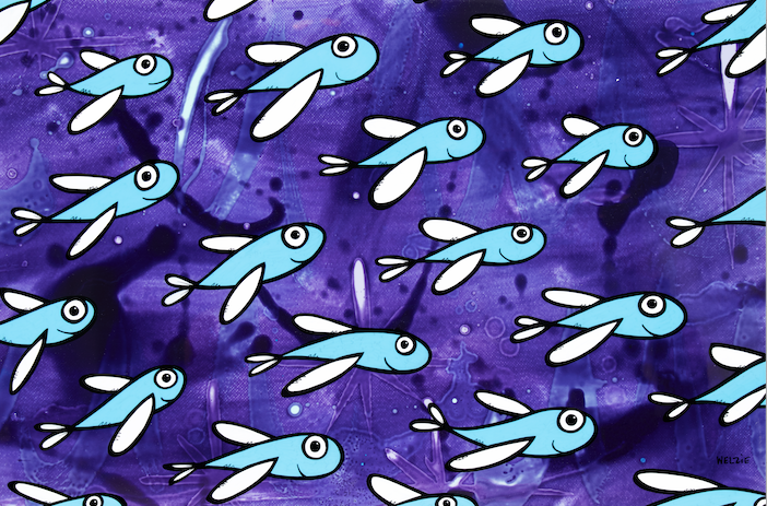 Repeating pattern of blue flying fish on a purple background, horizontal format — aluminum reproduction by Maui artist Welzie