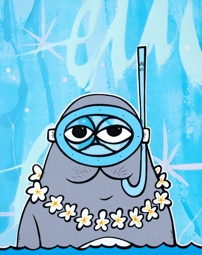 Gray Hawaiian monk seal wearing a snorkel mask and flower lei — aluminum reproduction by Maui artist Welzie