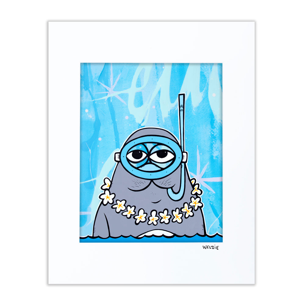 Gray Hawaiian monk seal wearing a snorkel mask and flower lei — matted fine art print by Maui artist Welzie