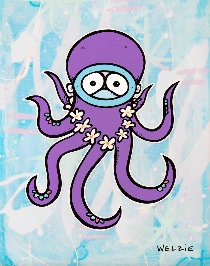 Purple octopus wearing a white flower lei — aluminum reproduction by Maui artist Welzie