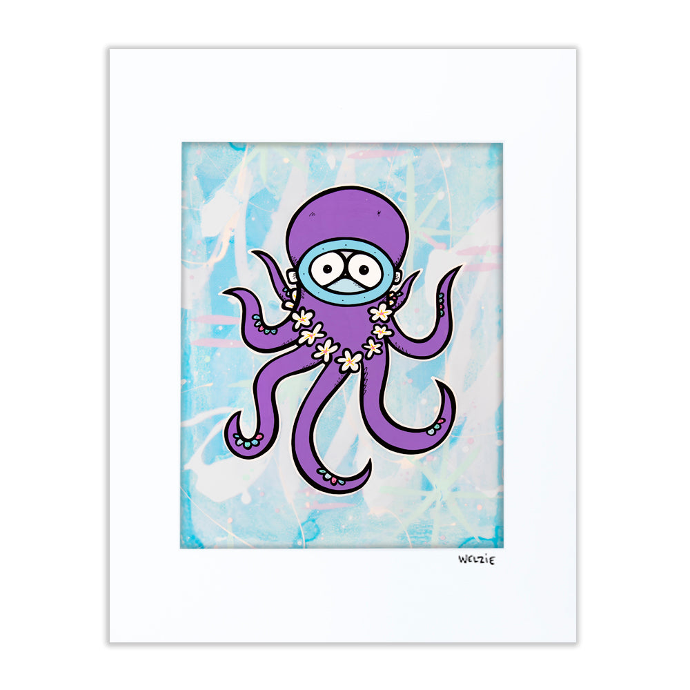 Purple octopus wearing a white flower lei — matted fine art print by Maui artist Welzie