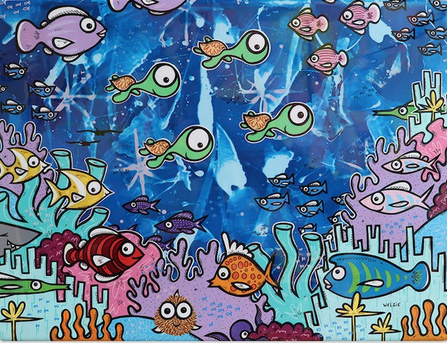Colorful underwater reef scene dense with fish and coral detail — aluminum reproduction by Maui artist Welzie