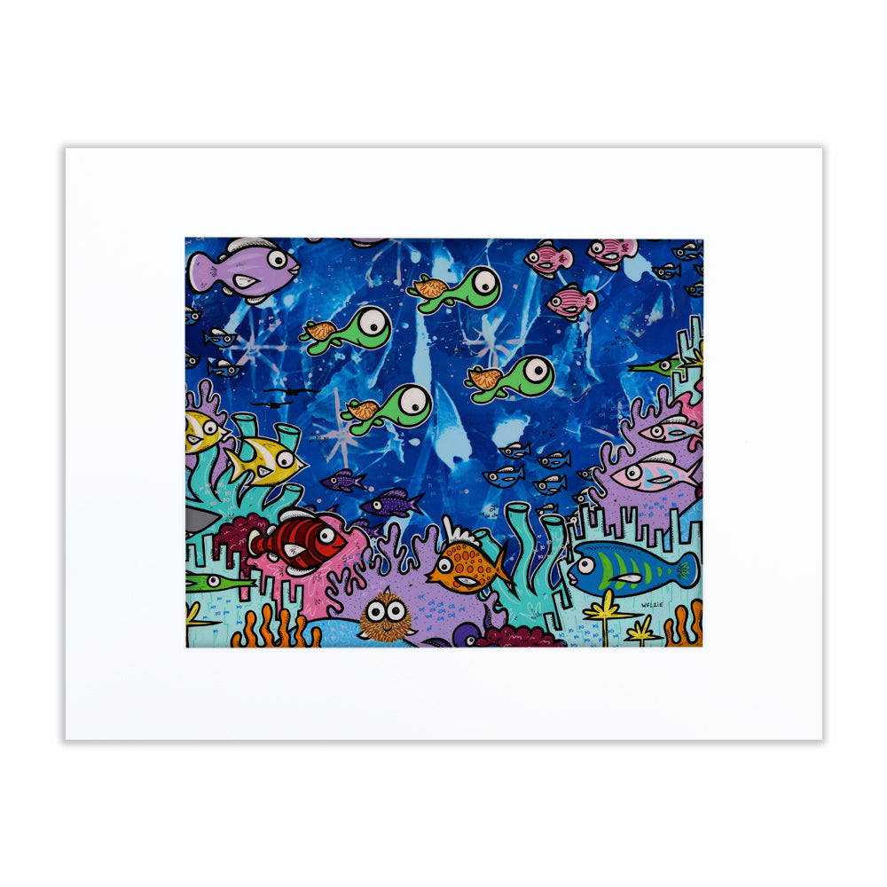 Colorful underwater reef scene dense with fish and coral detail — matted fine art print by Maui artist Welzie