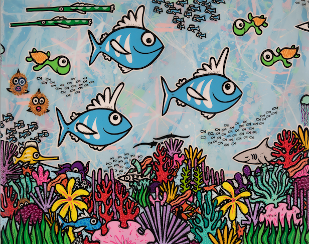 Wide underwater reef scene with fish swimming among colorful coral — aluminum reproduction by Maui artist Welzie