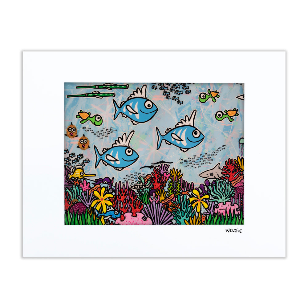 Wide underwater reef scene with fish swimming among colorful coral — matted fine art print by Maui artist Welzie