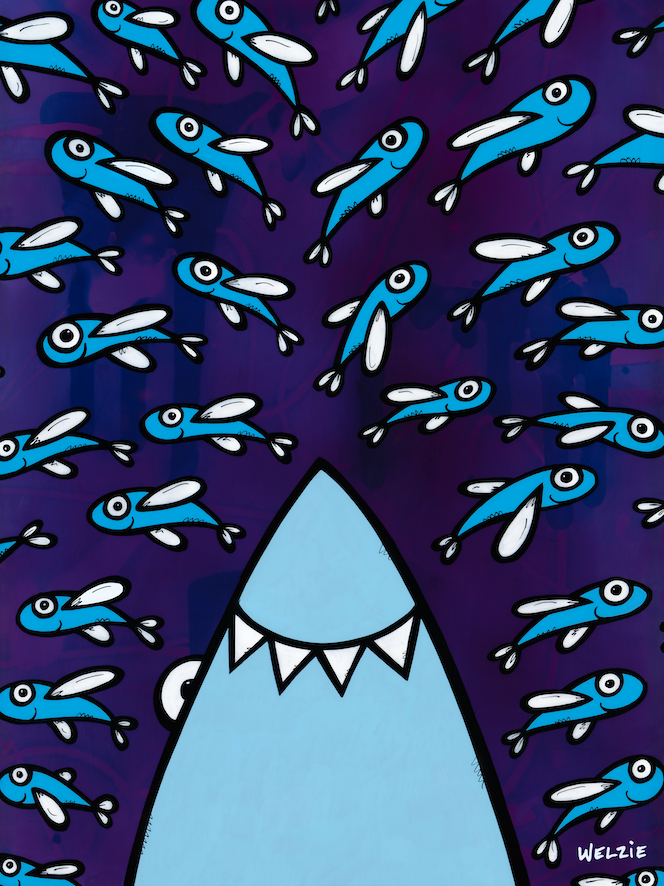 Shark silhouette camouflaged among a repeating pattern of small fish — aluminum reproduction by Maui artist Welzie