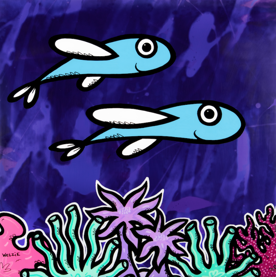 Two flying fish over coral against a deep purple background — aluminum reproduction by Maui artist Welzie